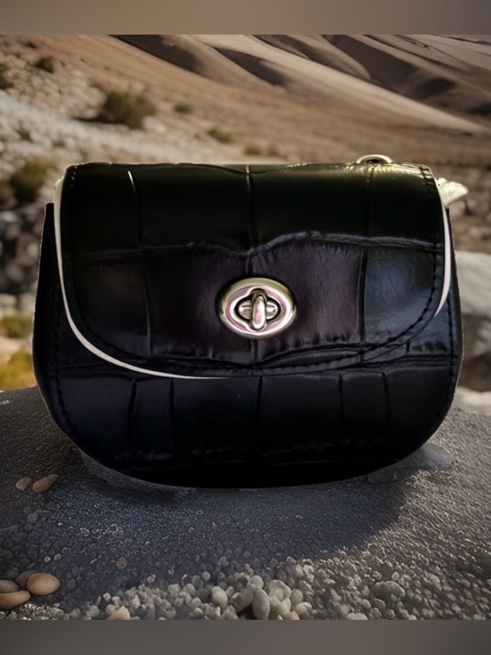 Coach BN Black Croc-Embossed Mini Turn-Lock Crossbody